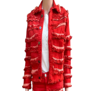 RED COLOR LADIES STACKED DENIM JEANS. JACKET